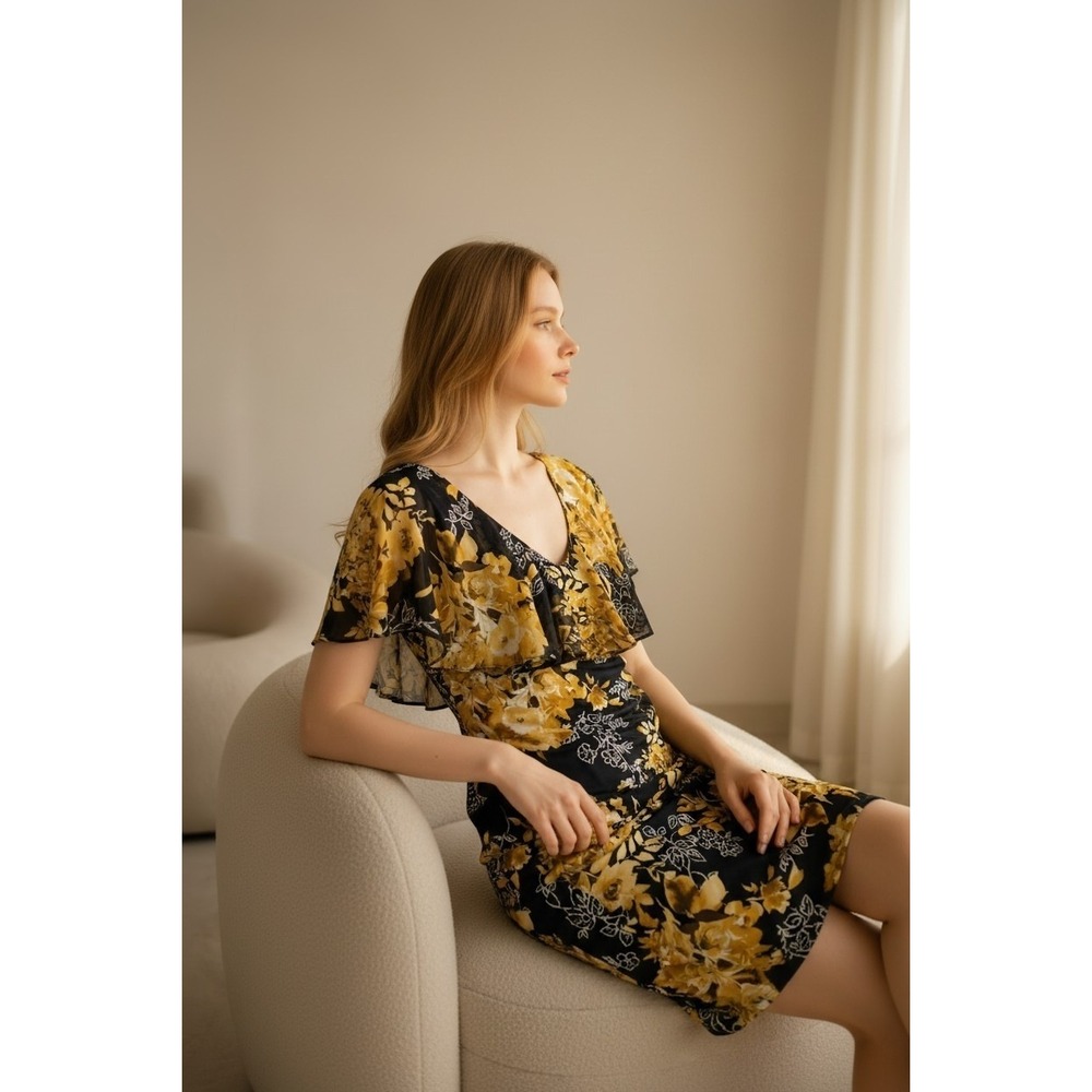 Connected Apparel Navy Yellow Floral Ruffle Popover Sheath Dress Womens 16